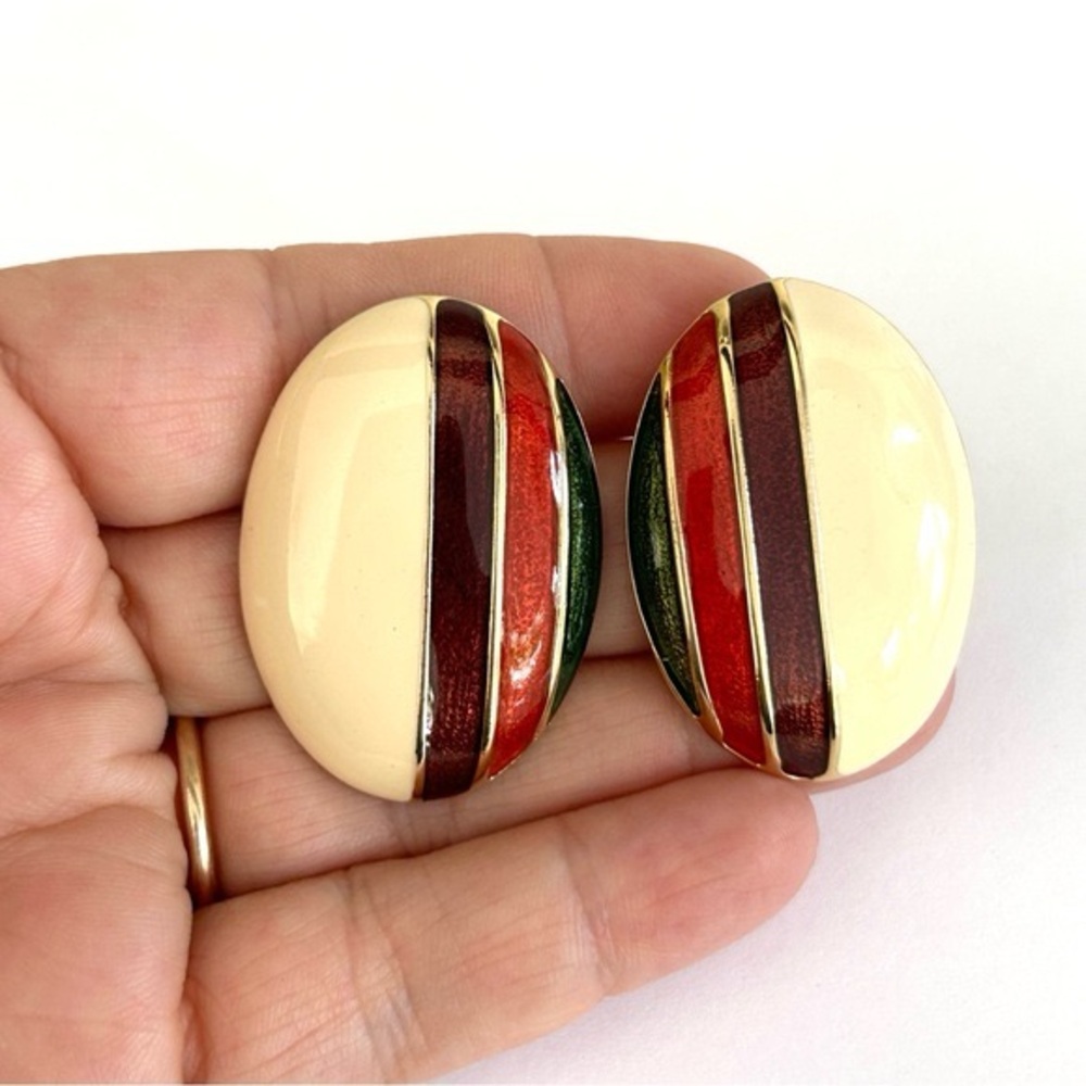 Large Oval Pierced Earrings Gold Tone Green Red Purple Enamel Striped